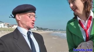 Brit milf fingered and fucked in elderly trio by the sea